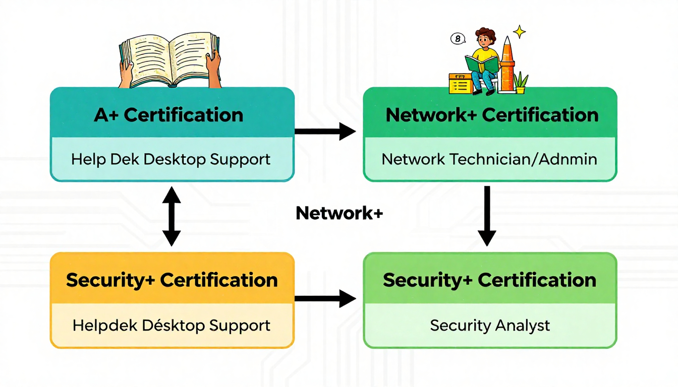 CompTIA certification career pathway flowchart showing A+ to Network+ to Security+ progression with salary benchmarks