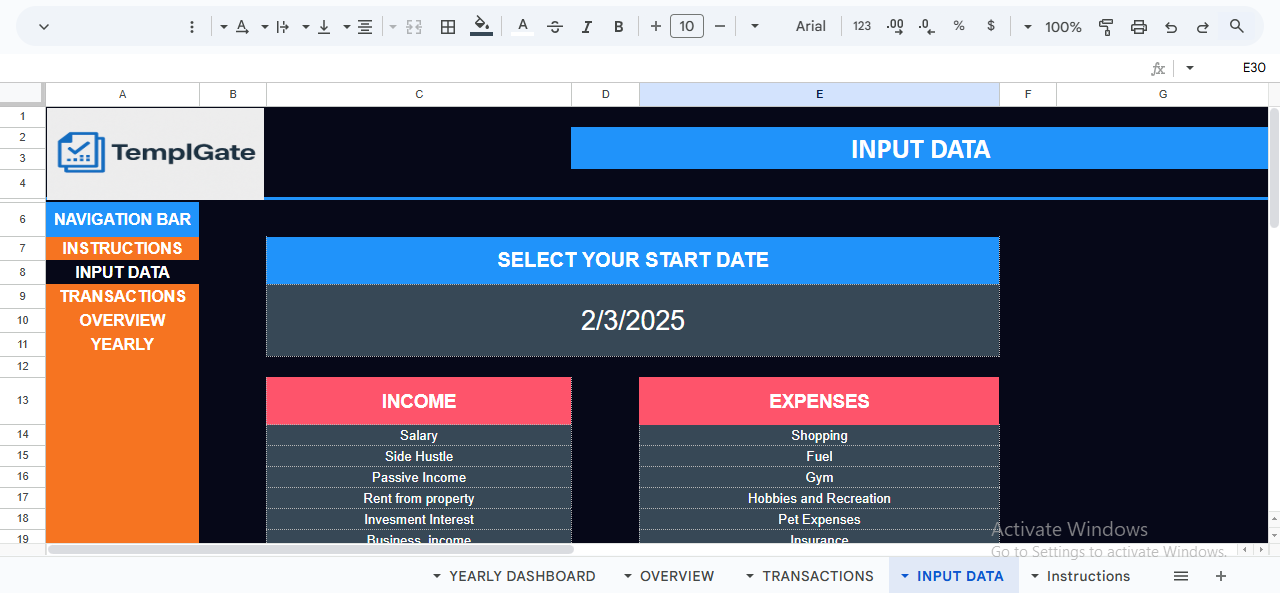 Input Data sheet for Smart Finance Manager, showing category setup, currency conversion, and configurable financial tracking fields.