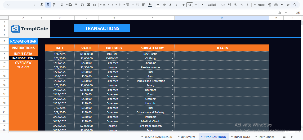 Transactions page for recording income and expenses with date, category, notes, and automatic calculations in the Smart Finance Manager template.