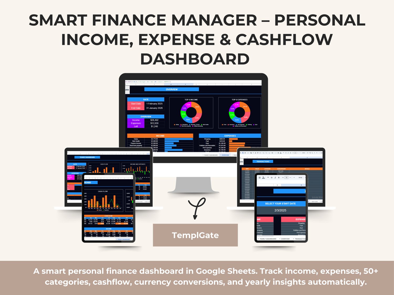 Main preview of the Smart Finance Manager showing the personal finance dashboard, income–expense charts, cashflow summary, and clean Google Sheets layout.