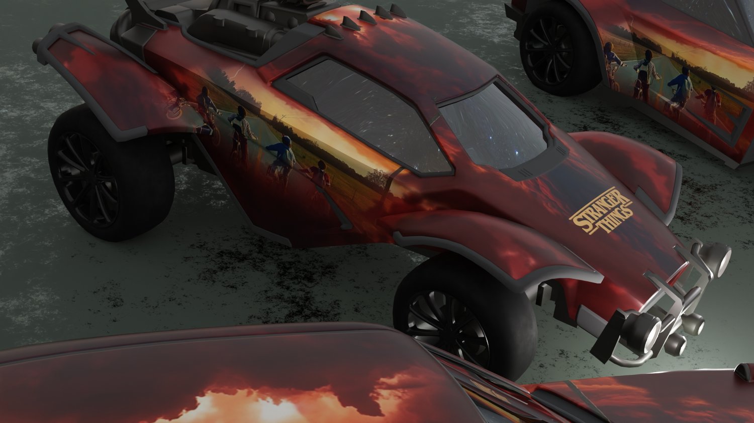 Bundle Rocket League comprenant décal voiture, ballon et bannière de joueur, style inspiré de Stranger Things