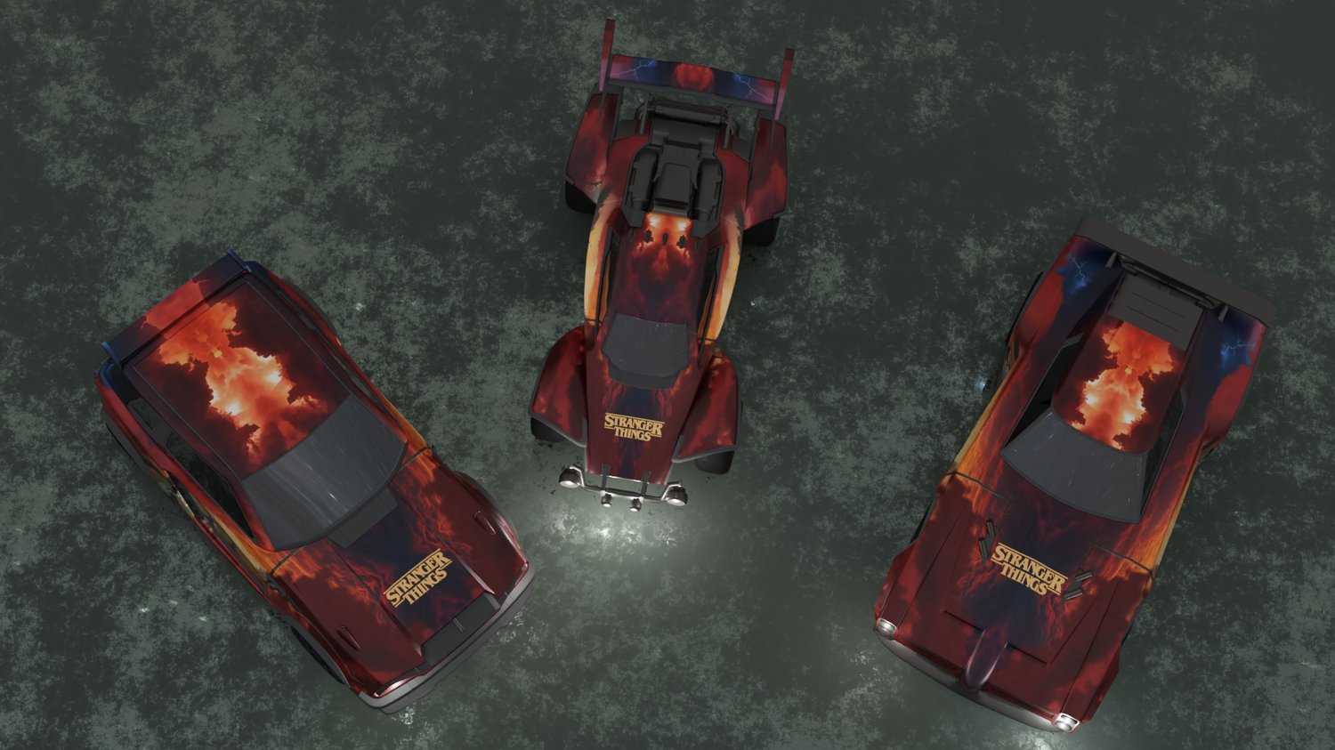 Bundle Rocket League comprenant décal voiture, ballon et bannière de joueur, style inspiré de Stranger Things