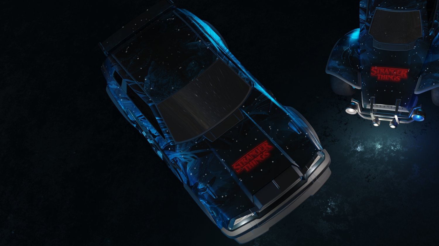 Bundle Rocket League comprenant décal voiture, ballon et bannière de joueur, style inspiré de Stranger Things