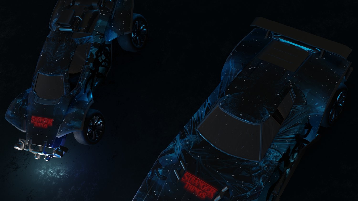 Bundle Rocket League comprenant décal voiture, ballon et bannière de joueur, style inspiré de Stranger Things