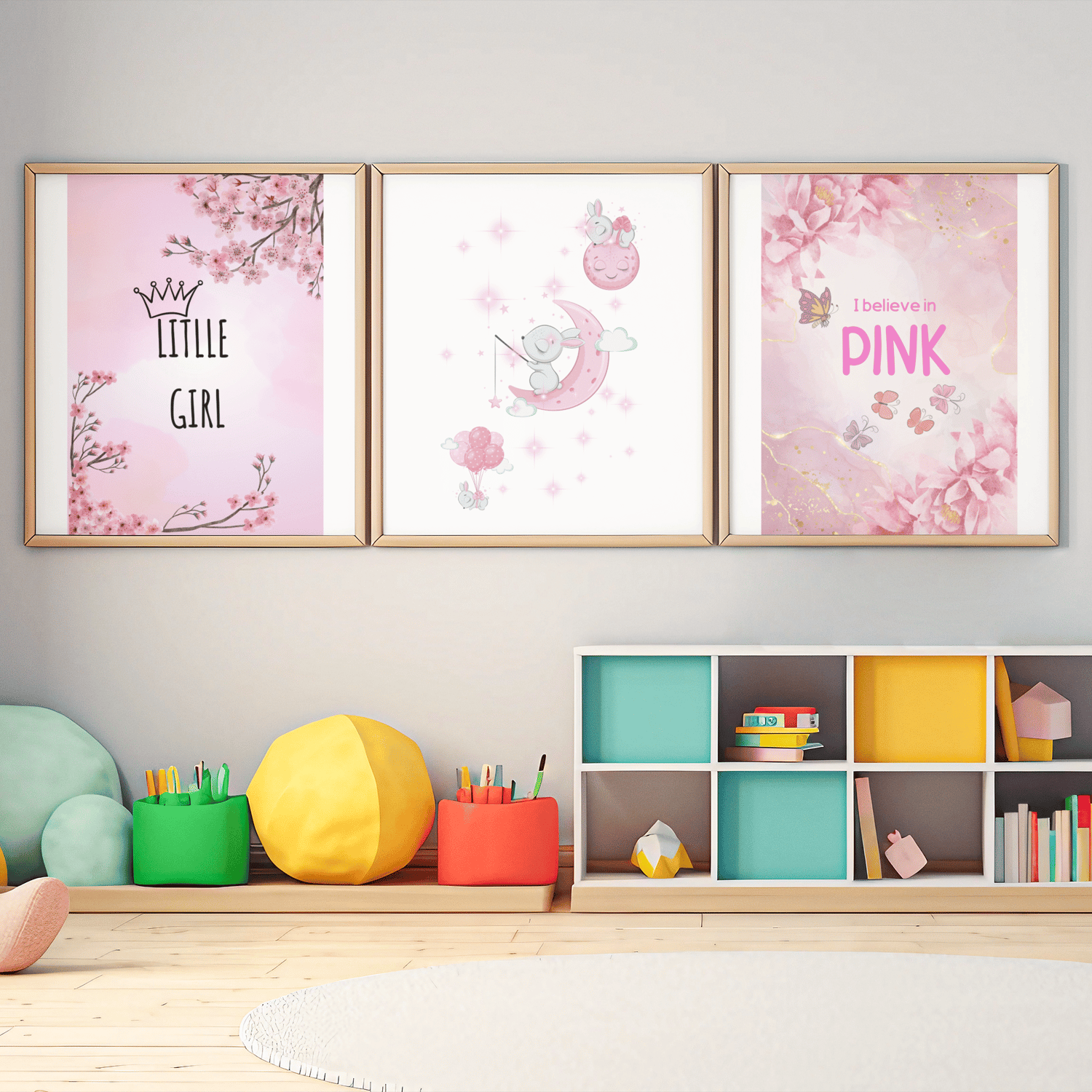 Little Girl Nursery Wall Art Set of 3, Pink Bunny Moon Prints, Baby Girl Room Decor