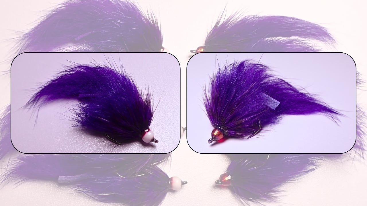 Two purple Egg-Sucking Bunny Leech flies for steelhead with a small pile of bunny leeches in the background.