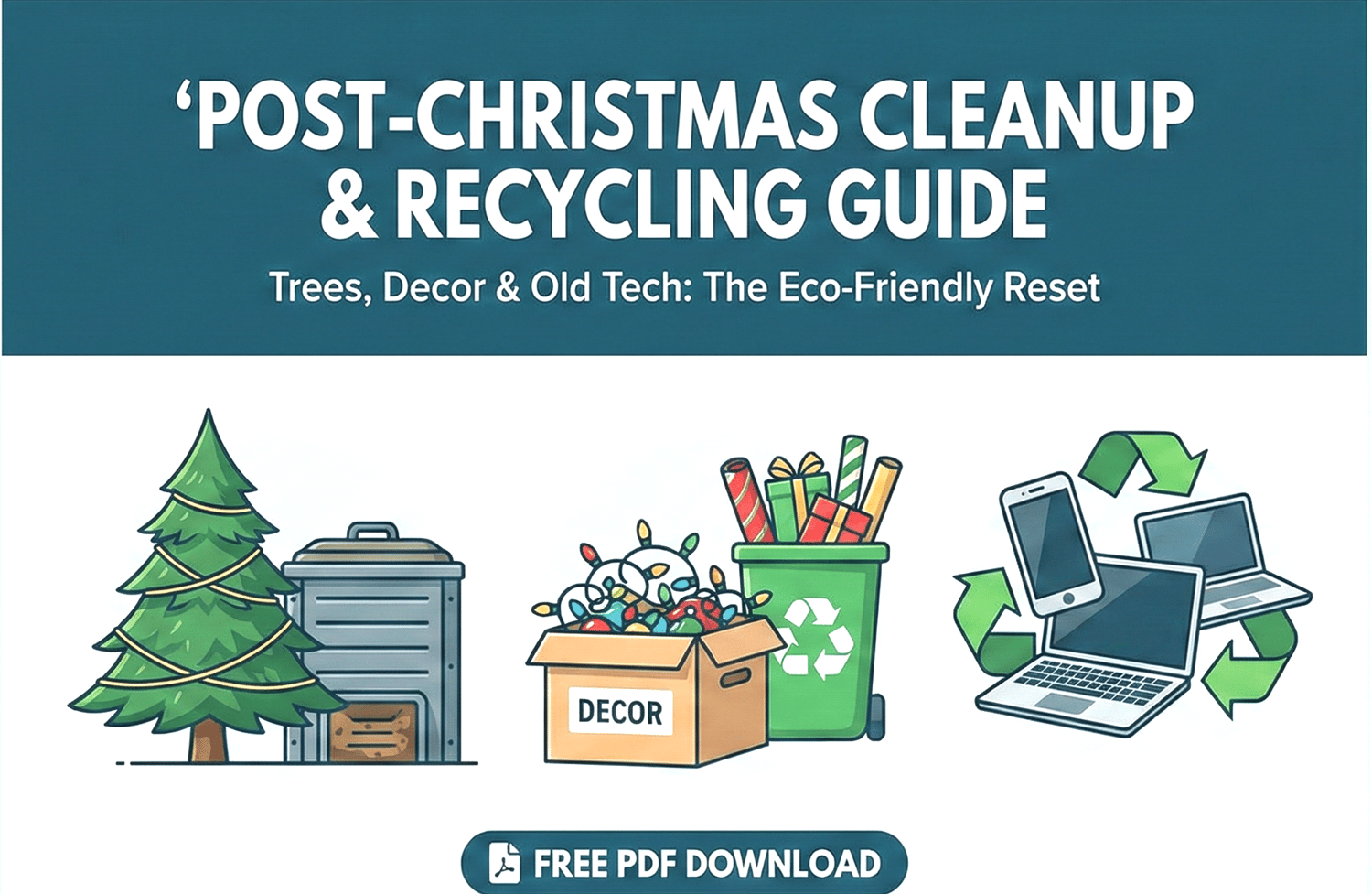 Reset your home for the New Year! Download this free PDF guide on how to responsibly recycle Christmas trees, dispose of holiday packaging, and safely recycle old tech and e-waste. Perfect for a clutter-free, eco-friendly start to 2026.
