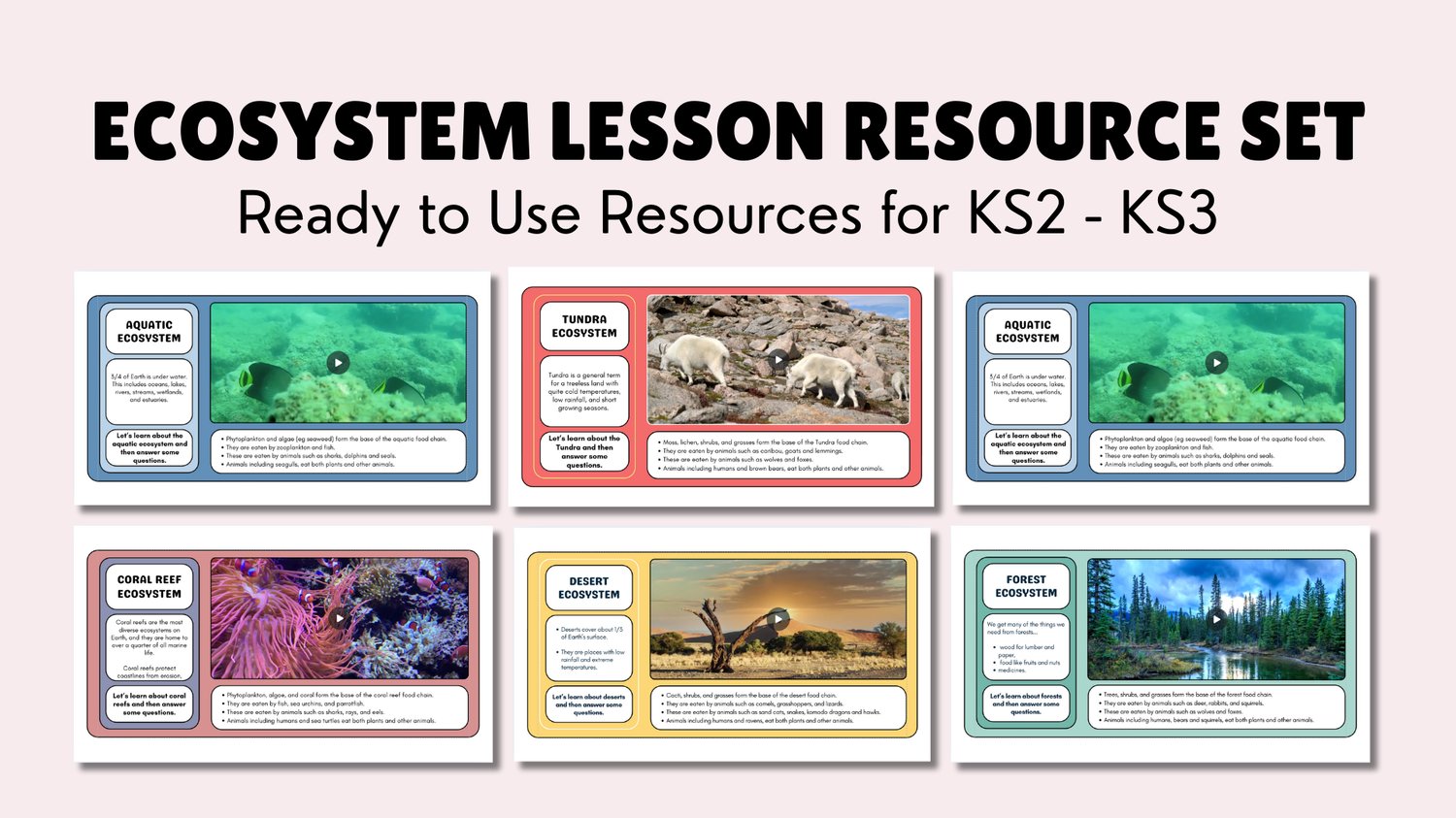 Six editable ecosystem lesson presentations for KS2–KS3 science, showing coral reef, forest, desert, grassland, aquatic, and tundra learning tasks with embedded videos.