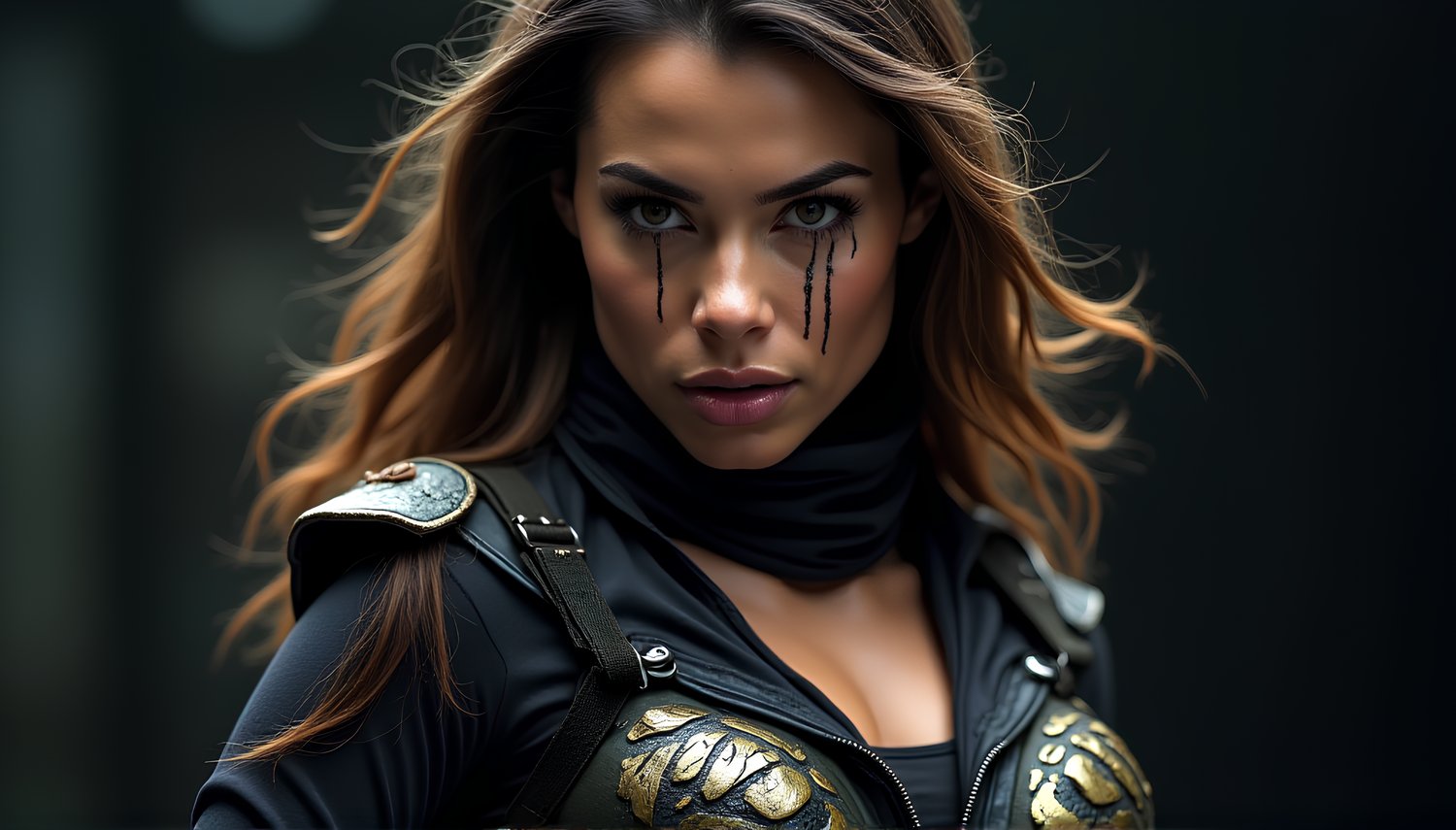 A close-up shot of a woman with long brown hair