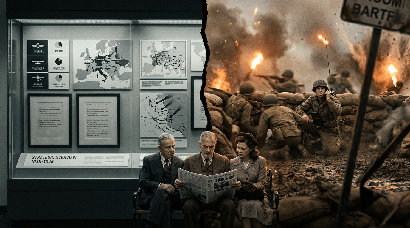 Ultra-realistic image showing a juxtaposition: left side features orderly charts and statistics of WWII, illustrating sanitized war history; right side displays vivid chaos in a WWII battlefield, with soldiers confused amid miscommunication and friendly fire. Foreground highlights civilians considering moral dilemmas, emphasizing personal struggle and the messy reality of war. Dramatic lighting casts deep shadows, enhancing the emotional gravity and overlooked human suffering. The composition balances the structured narrative with the stark, complex reality, using dynamic angles and contrasting colors to capture the tension between clarity and chaos.
