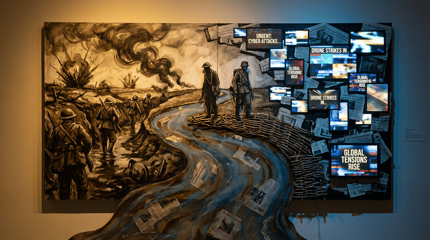 An evocative artwork juxtaposing scenes of modern conflicts and WWII, illustrating the repetition of fear and obedience across time. On one side, detailed soldiers from WWII engage in chaotic battle, surrounded by smoke and confusion. On the other, contemporary media headlines are visible, depicting modern conflicts in abstract soundbites. A river flows through the center, signifying history's ongoing nature. Soldiers from different eras stand side by side, their expressions capturing the timeless struggle of dehumanization. Vibrant textures and contrasting lights, with shadows enhancing depth and emotional tension. Colors merge historical and modern elements, highlighting echoing themes and the evolution of conflicts over time.