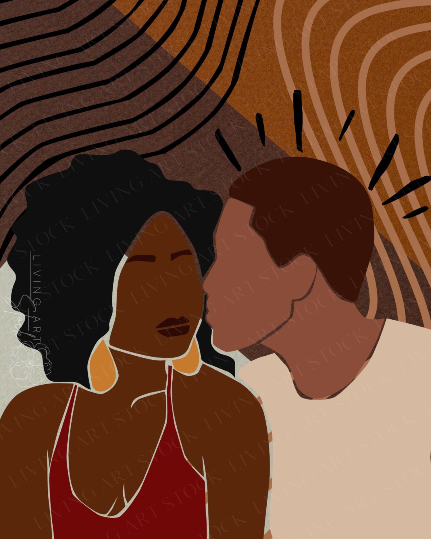 A contemporary digital illustration featuring a Black man and woman in an intimate, faceless portrait. The artwork utilizes a warm, earthy color palette consisting of terracotta, deep brown, cream, and a bold pop of crimson. The female figure is depicted 