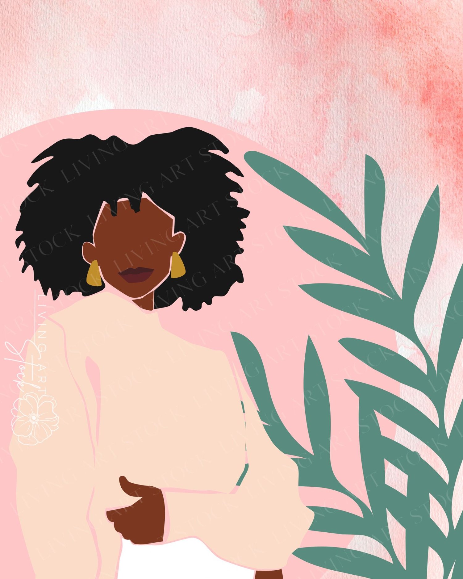 A chic digital illustration of a Black woman with a voluminous natural afro, presented in a minimalist, faceless style. She is wearing large gold statement earrings and a soft cream-colored sweater. The artwork is set against a dreamy, textured background