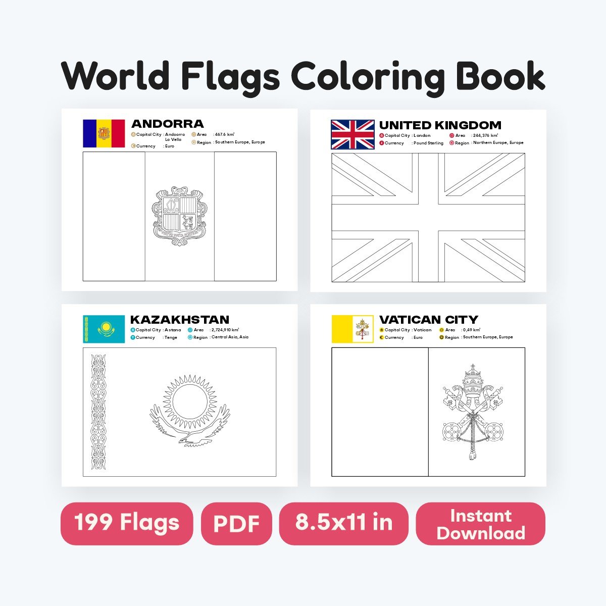 world flags coloring book printable pages for kids - fizzia.store