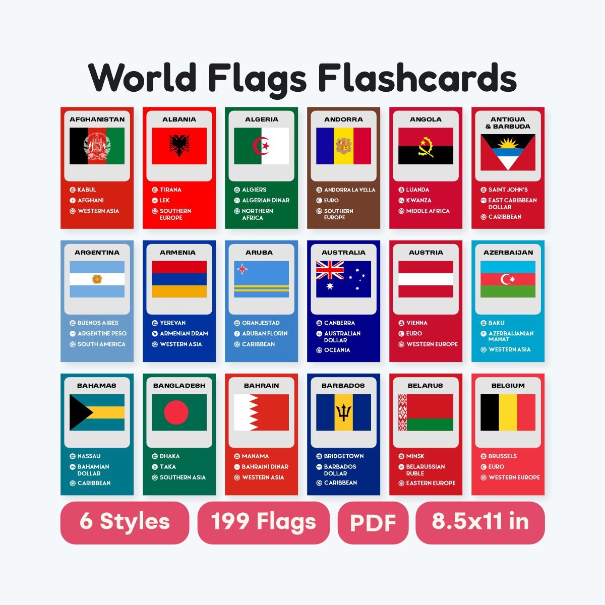world flags flashcards style 1 printable set - fizzia.store