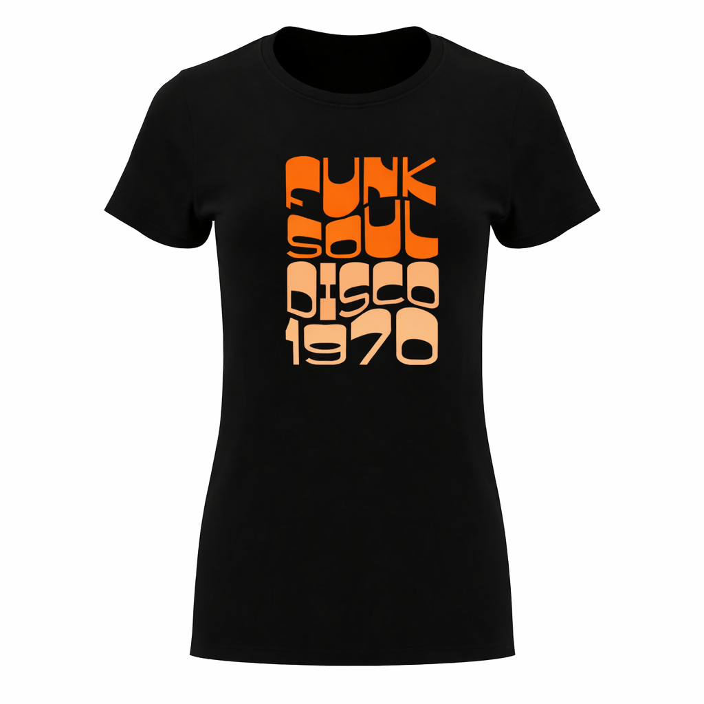 T-shirt disco femme noir avec typographie rétro funk soul disco 1970, style années 70