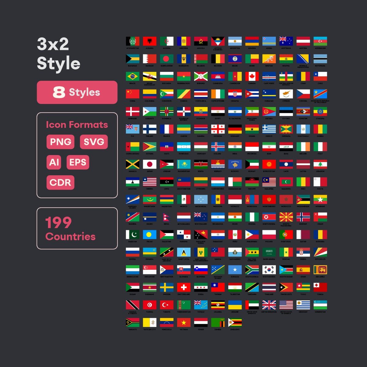 3x2 ratio world flags icons for print and web - fizzia.store