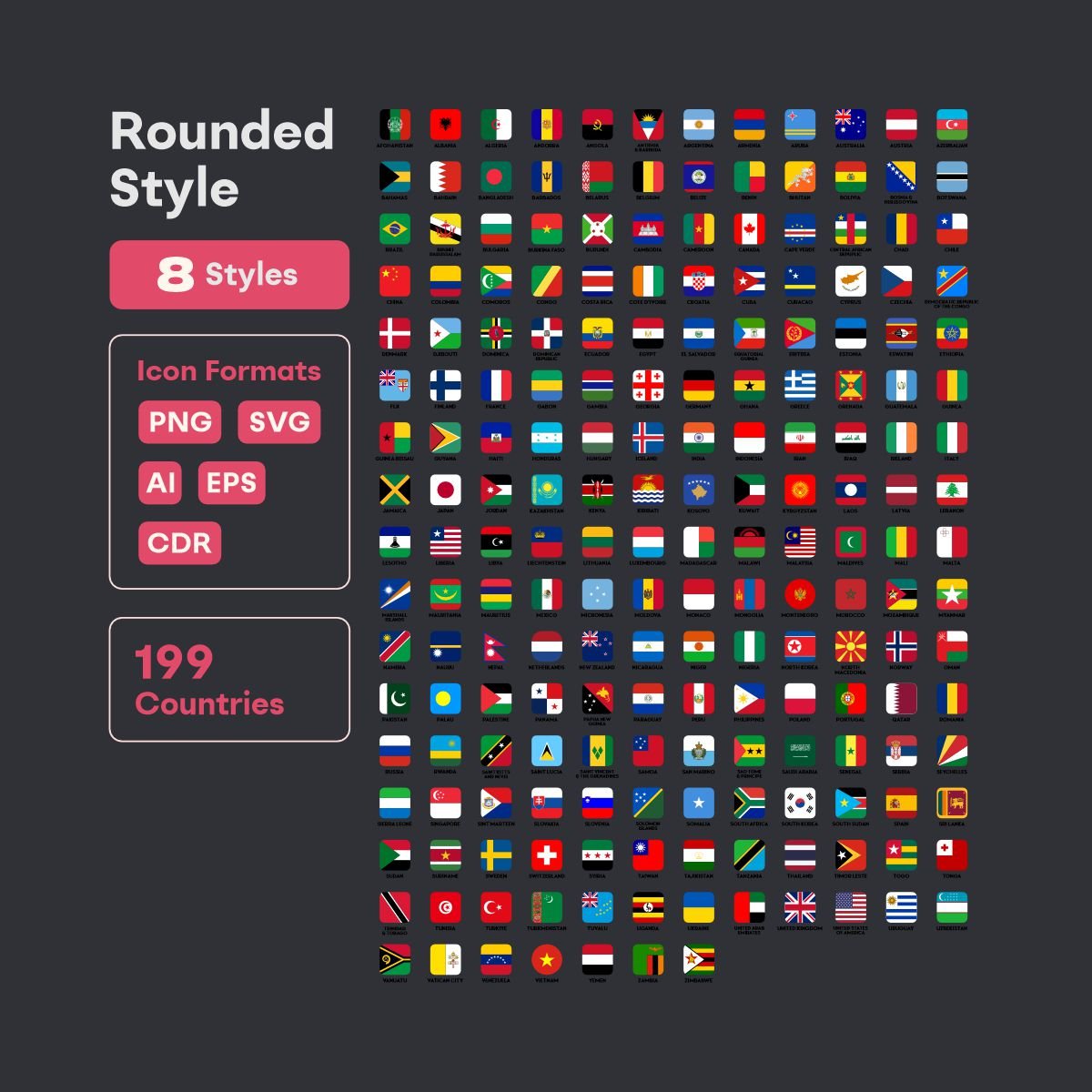 square rounded world flags vector icons pack - fizzia.store