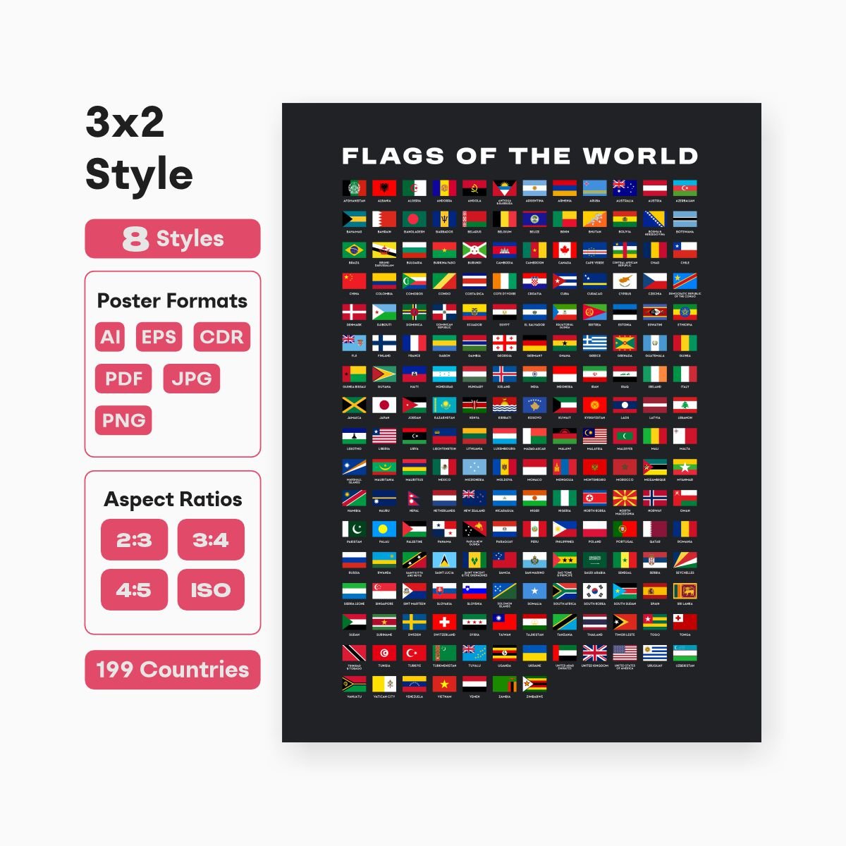 world flags clipart printable 3x2 ratio bundle - fizzia.store - dark