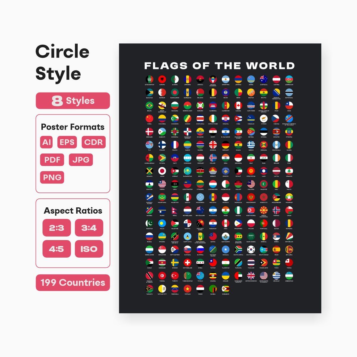 modern world flags poster in circle styles high resolution - fizzia.store - dark