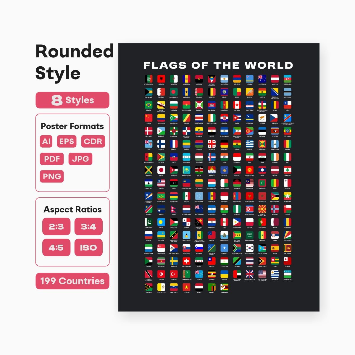 rounded world flags printable poster ISO sizes - fizzia.store - dark