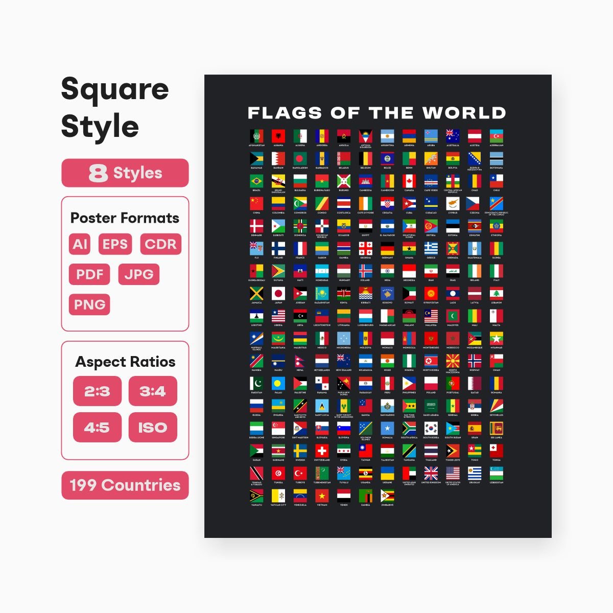 flags of the world printable classroom wall art geography poster - fizzia.store - dark