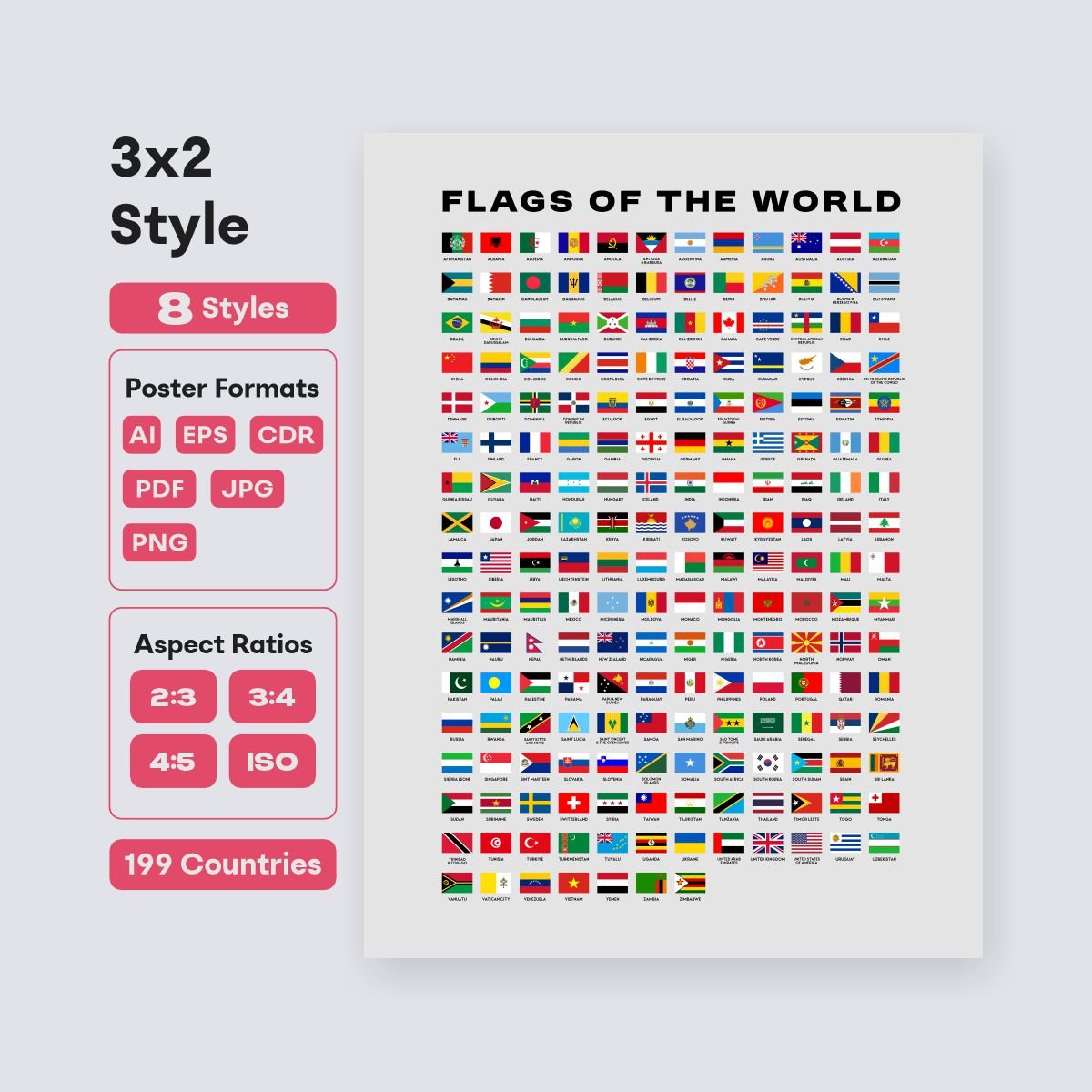 world flags clipart printable 3x2 ratio bundle - fizzia.store - light