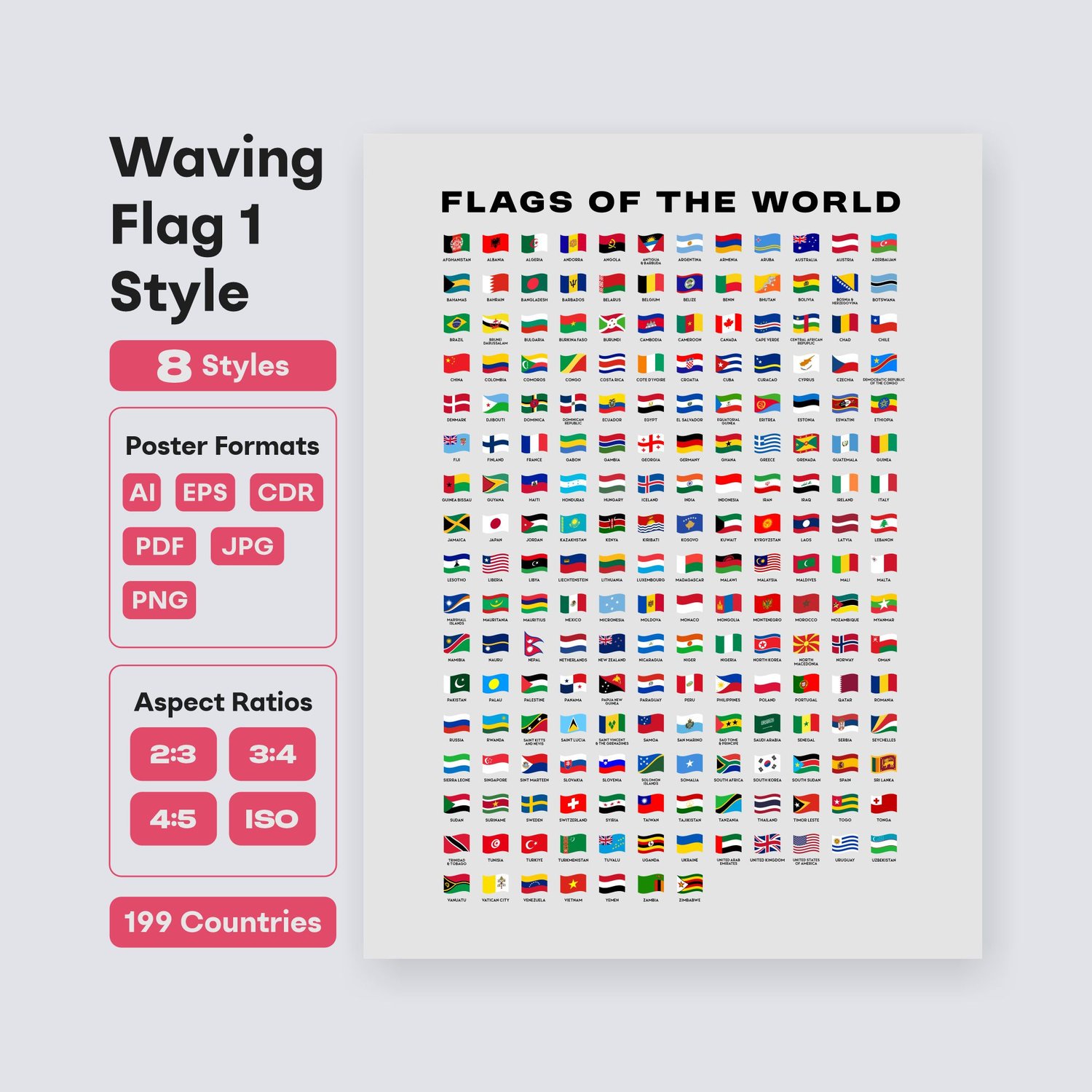 printable world flags chart in 8 styles educational map resource - fizzia.store - light