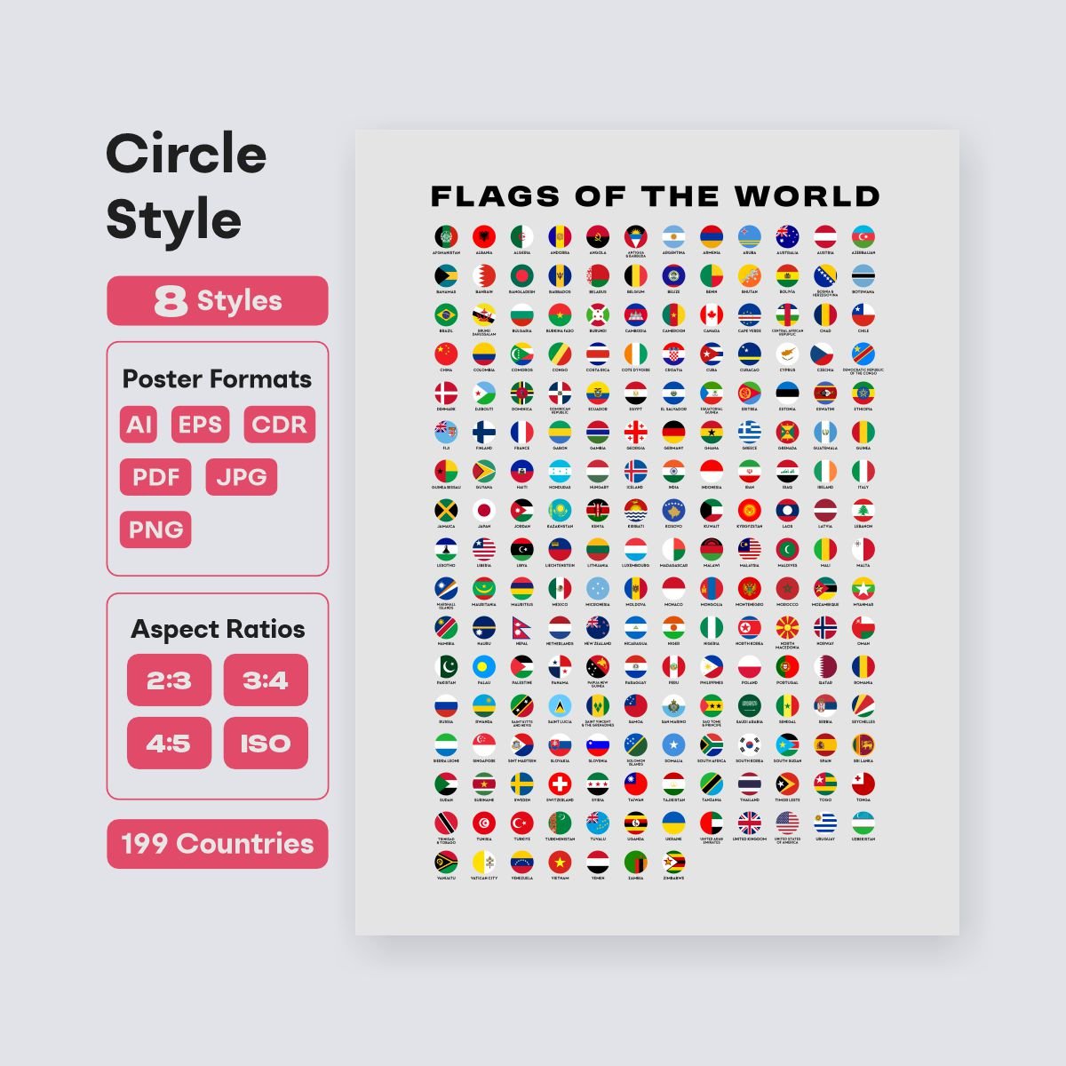 modern world flags poster in circle styles high resolution - fizzia.store - light