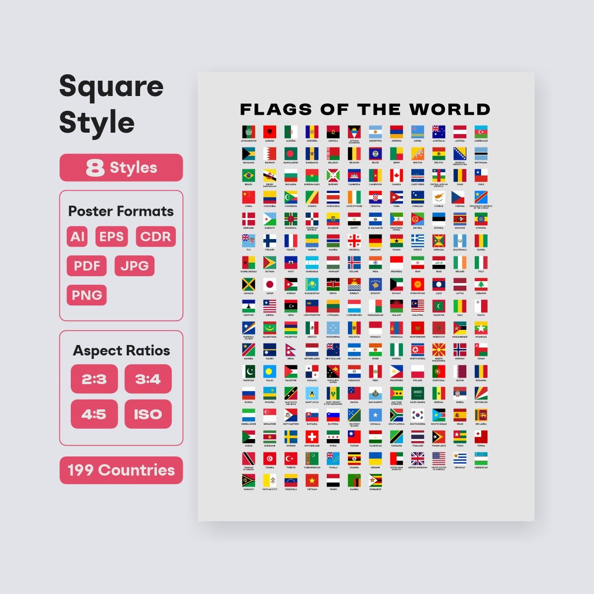 modern world flags poster in square styles high resolution - fizzia.store - light