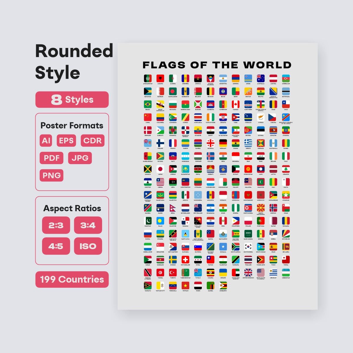 rounded world flags printable poster ISO sizes - fizzia.store - light