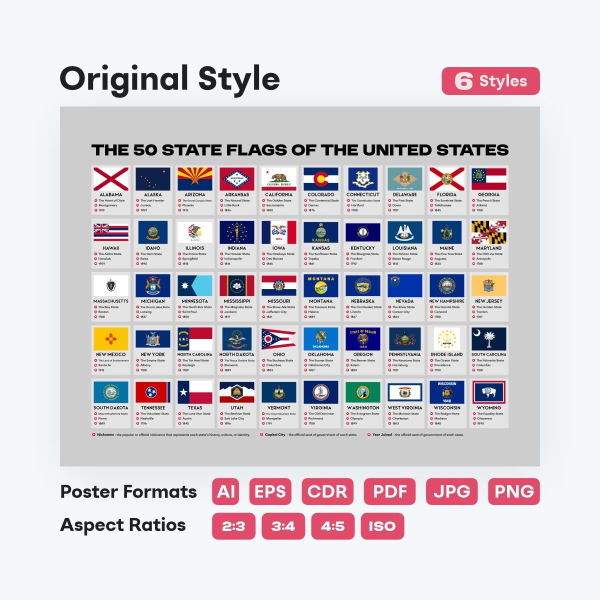 50 US state poster printable flag set collection - fizzia.store