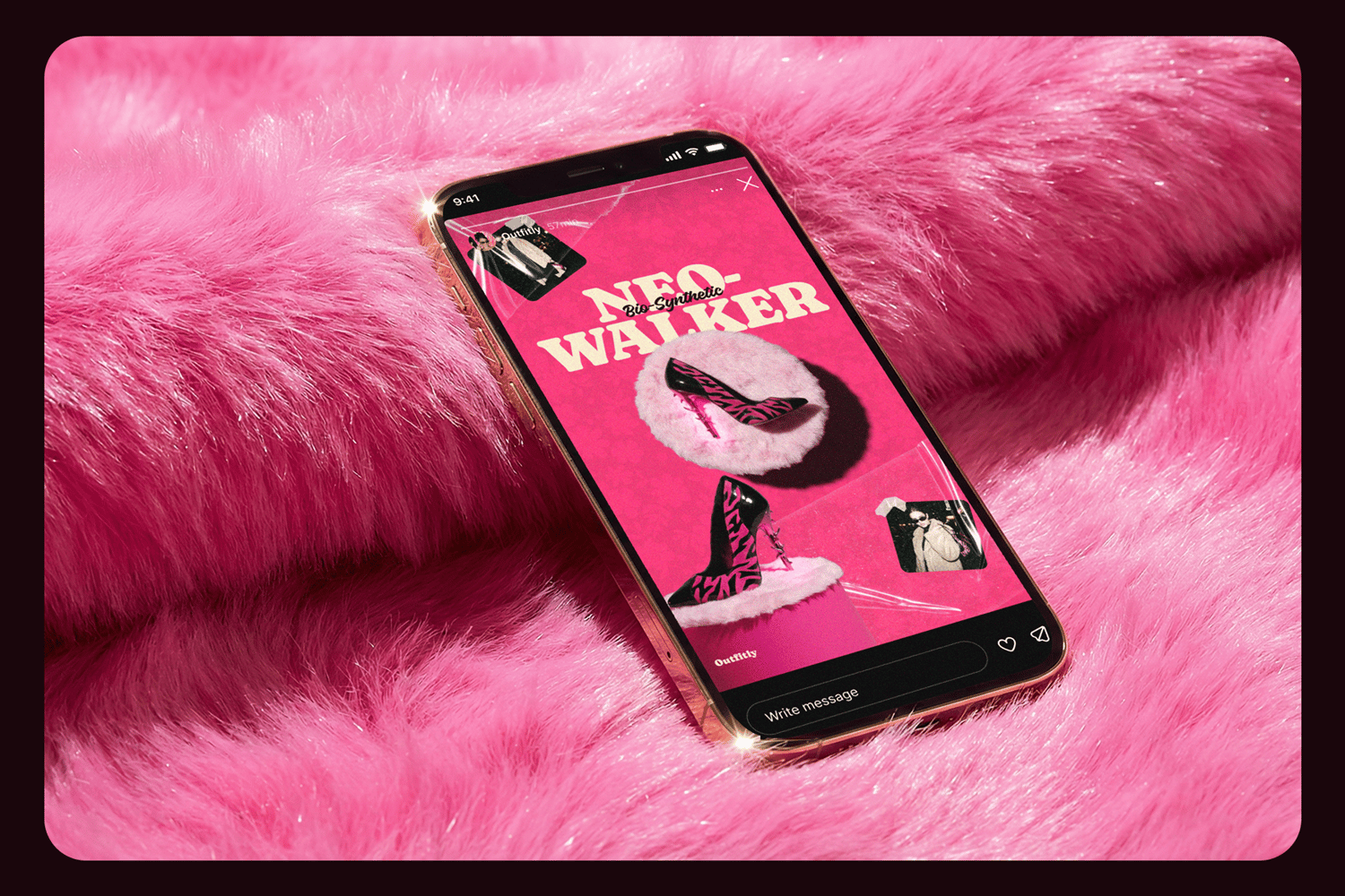 iPhone resting on pink faux fur displaying a streetwear shoe advertisement Instagram Story template.