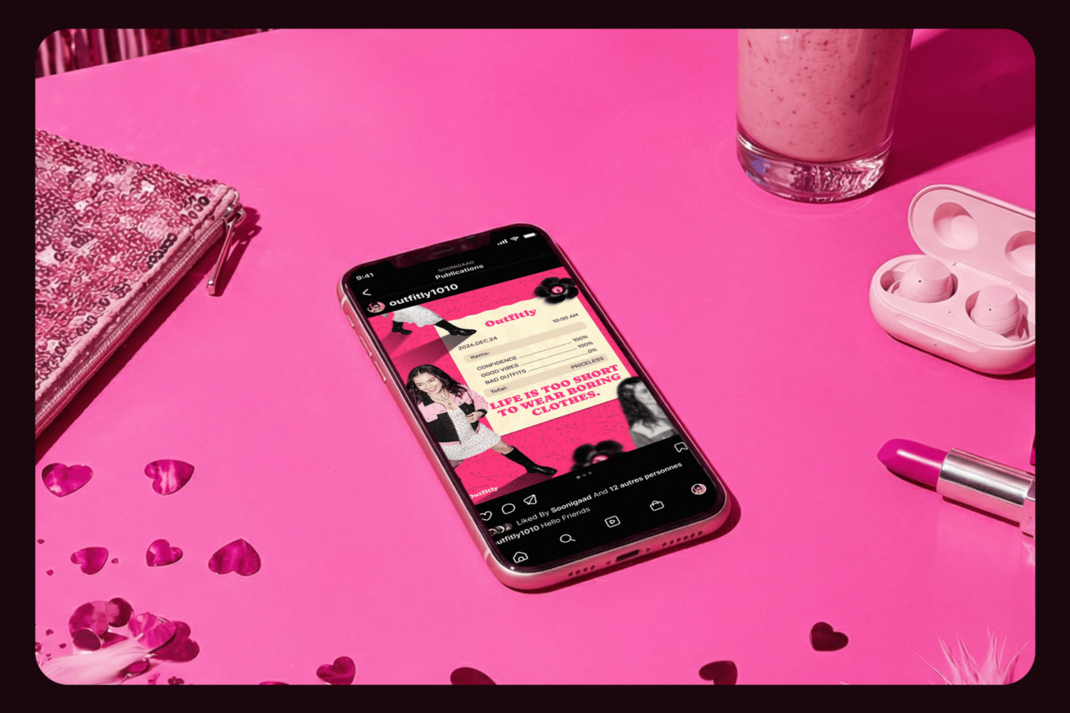 iPhone mockup on pink desk displaying brutalist Instagram feed templates with matching pink accessories.