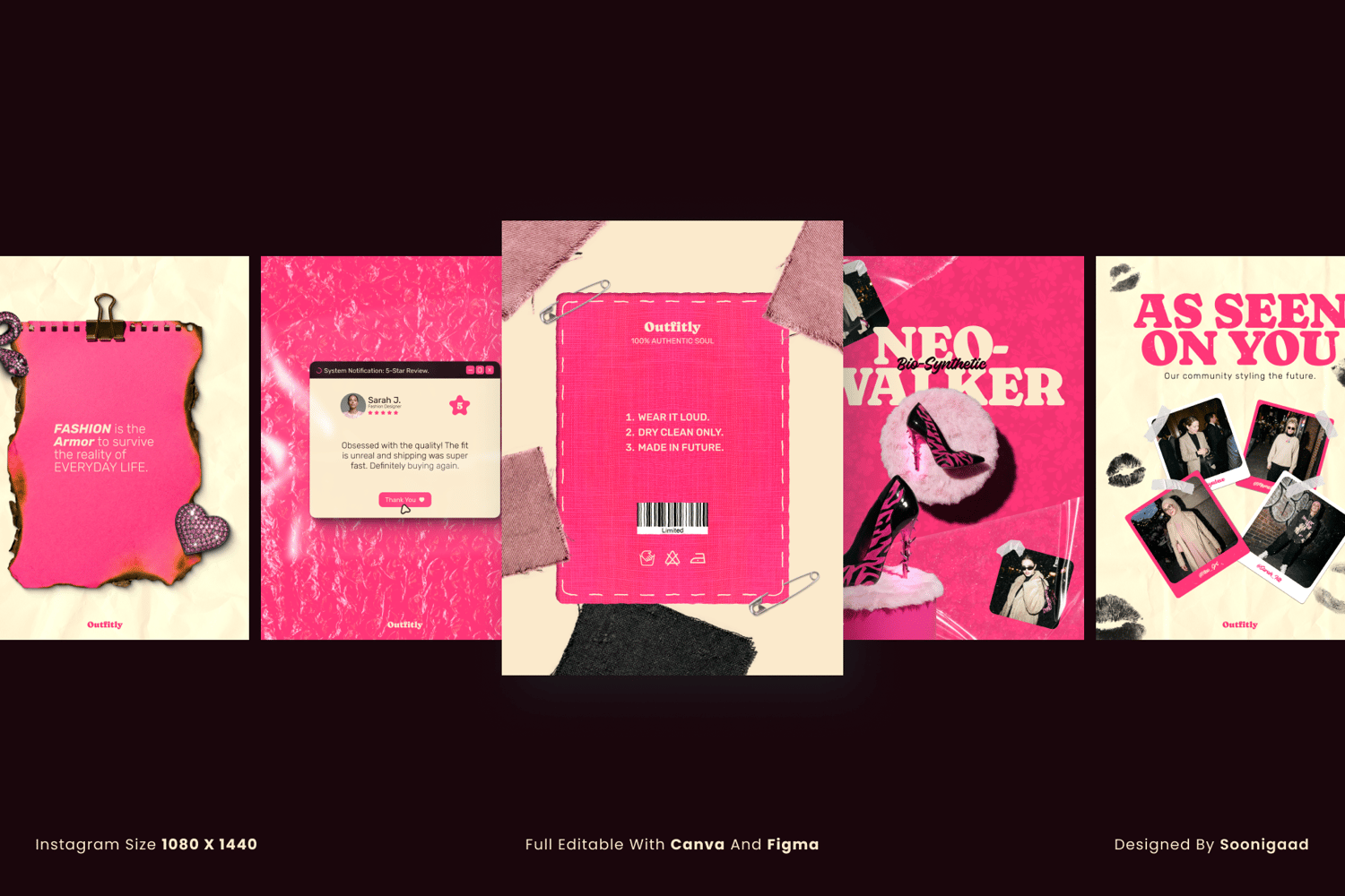 Four hot pink brutalist Instagram templates featuring torn paper, notification popups, and polaroid layouts.