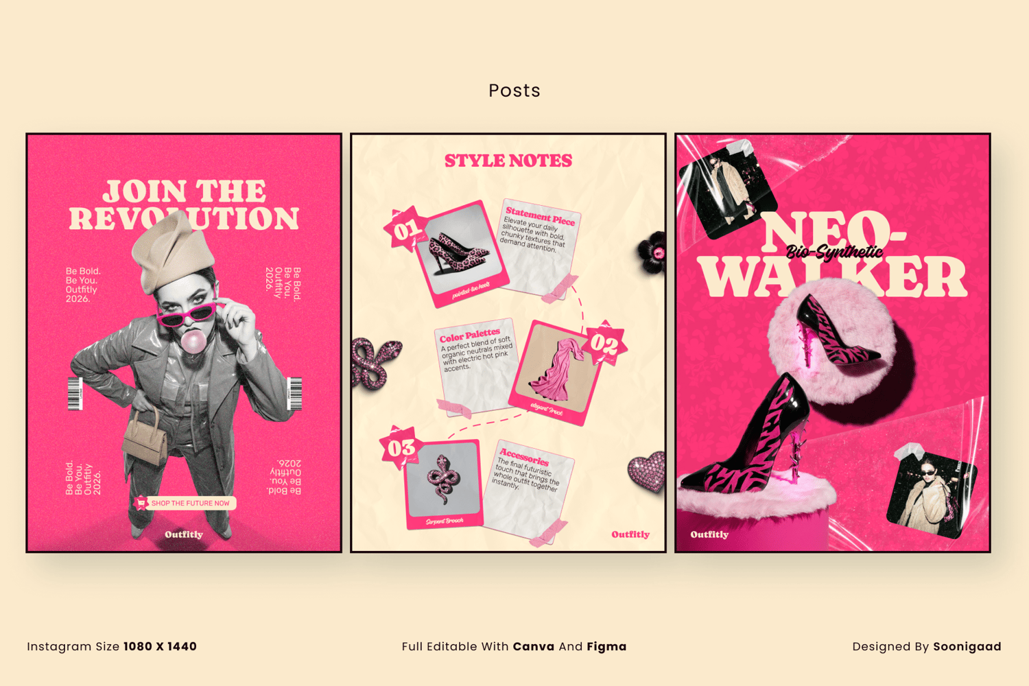 Three high-fashion Instagram post templates showing editorial layouts and product showcases in hot pink.