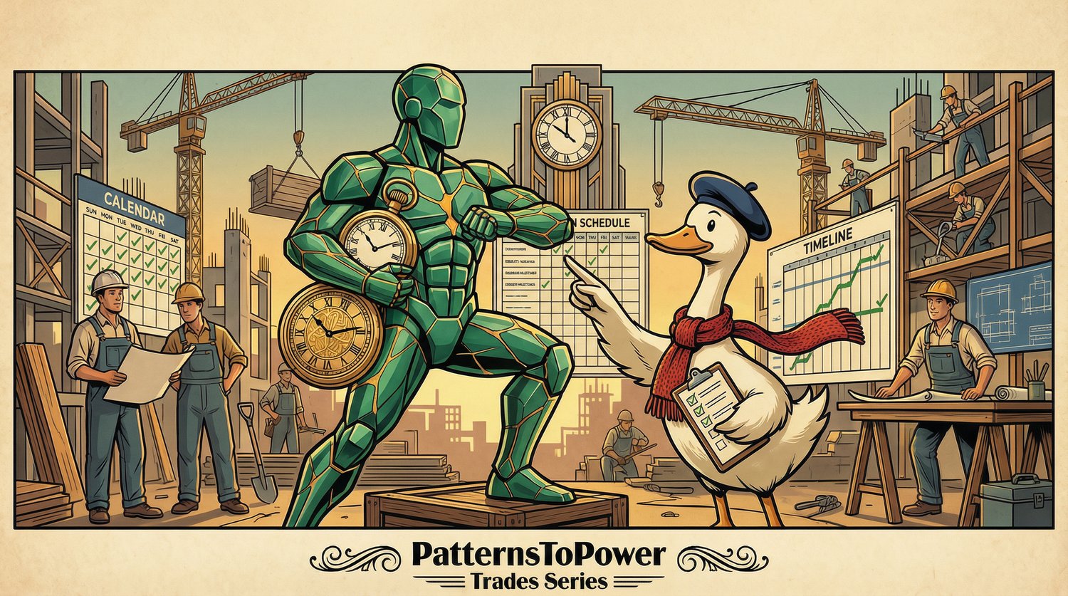 Héro kintsugi émeraude avec plusieurs horloges intégrées (symbolisant la maîtrise du temps) ; Jacques de Canard le coach compréhensif et poétique avec béret bleu marine tenant une checklist et pointant vers le planning ;  Chantier organisé avec ouvriers t