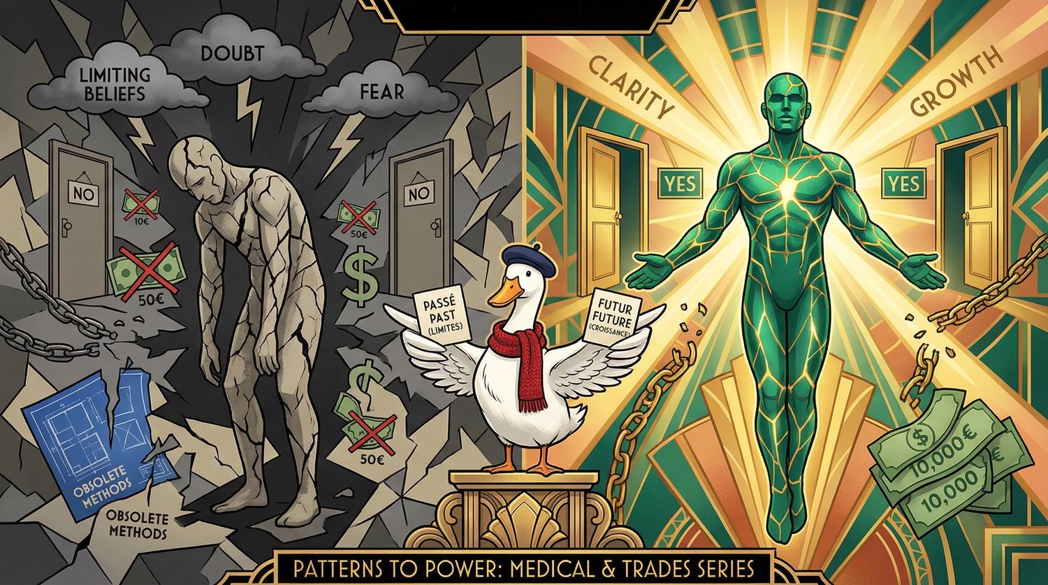 Transformation dramatique du gris déprimant au vert émeraude ; Jacques de Canard = le coach de business Anglais qui guide la transformation ; Contraste lumière/ombre = avant/après le changement de mindset ; l'impact financier concret du mindset ; Chaînes 