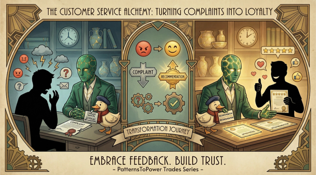 le coach business Jacques de Canard assiste notre héros kintsugi  avec la transformation d'une situation de plainte client en succès et recommandation positive.