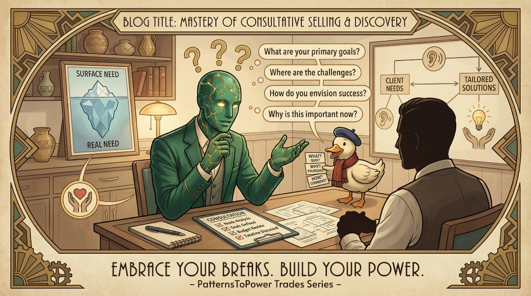 Notre héro kintsugi et Jacques en consultation approfondie avec un client, illustrant l'écoute active et les bonnes questions.