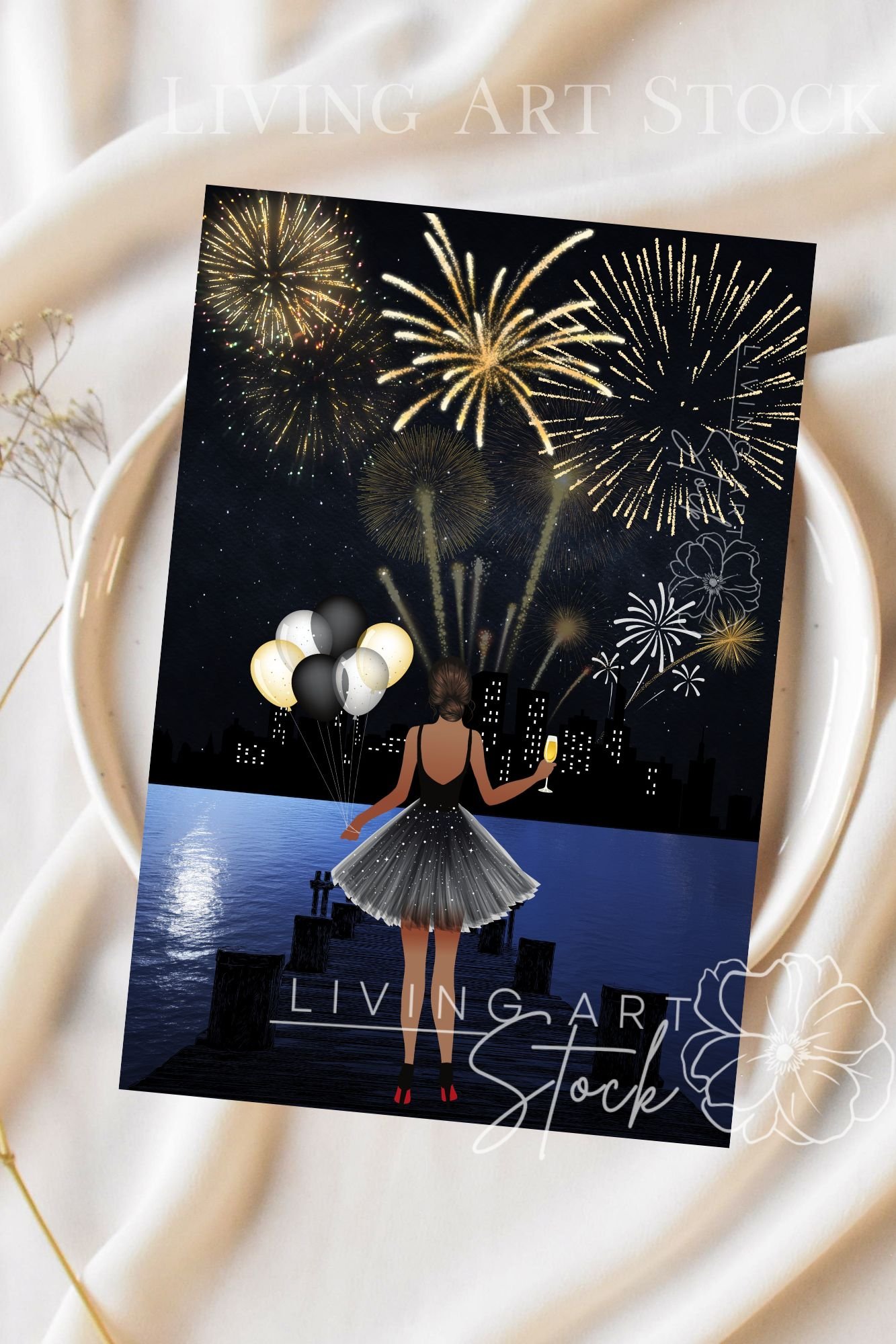 New Year Eve Flat Illustration Printable Card with Glitter Fireworks