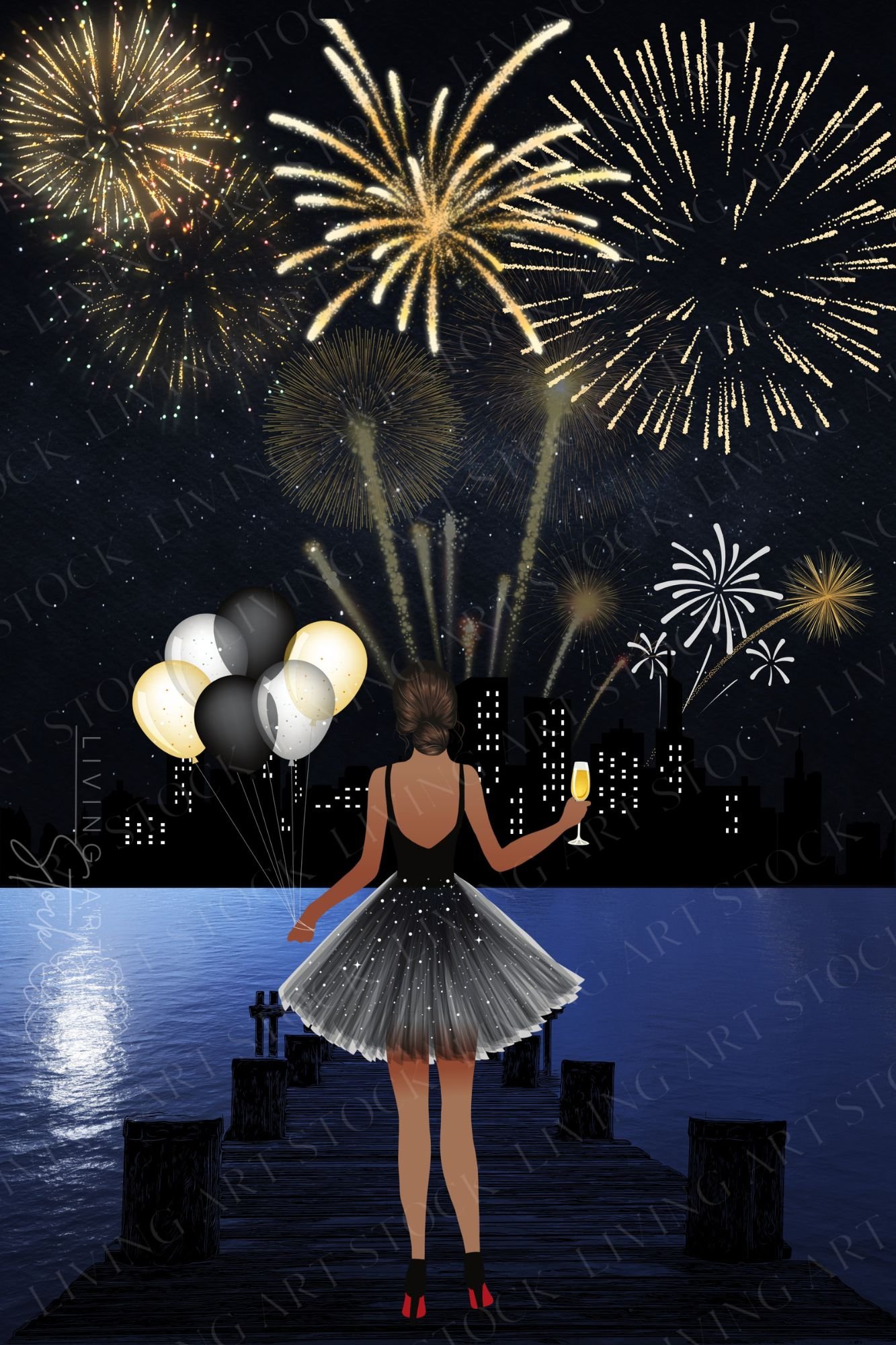 This image captures a classic, sophisticated New Year’s Eve celebration. The illustration features a woman from a back-view perspective standing on a wooden pier, looking out toward a city skyline illuminated by a massive display of gold and white firewor