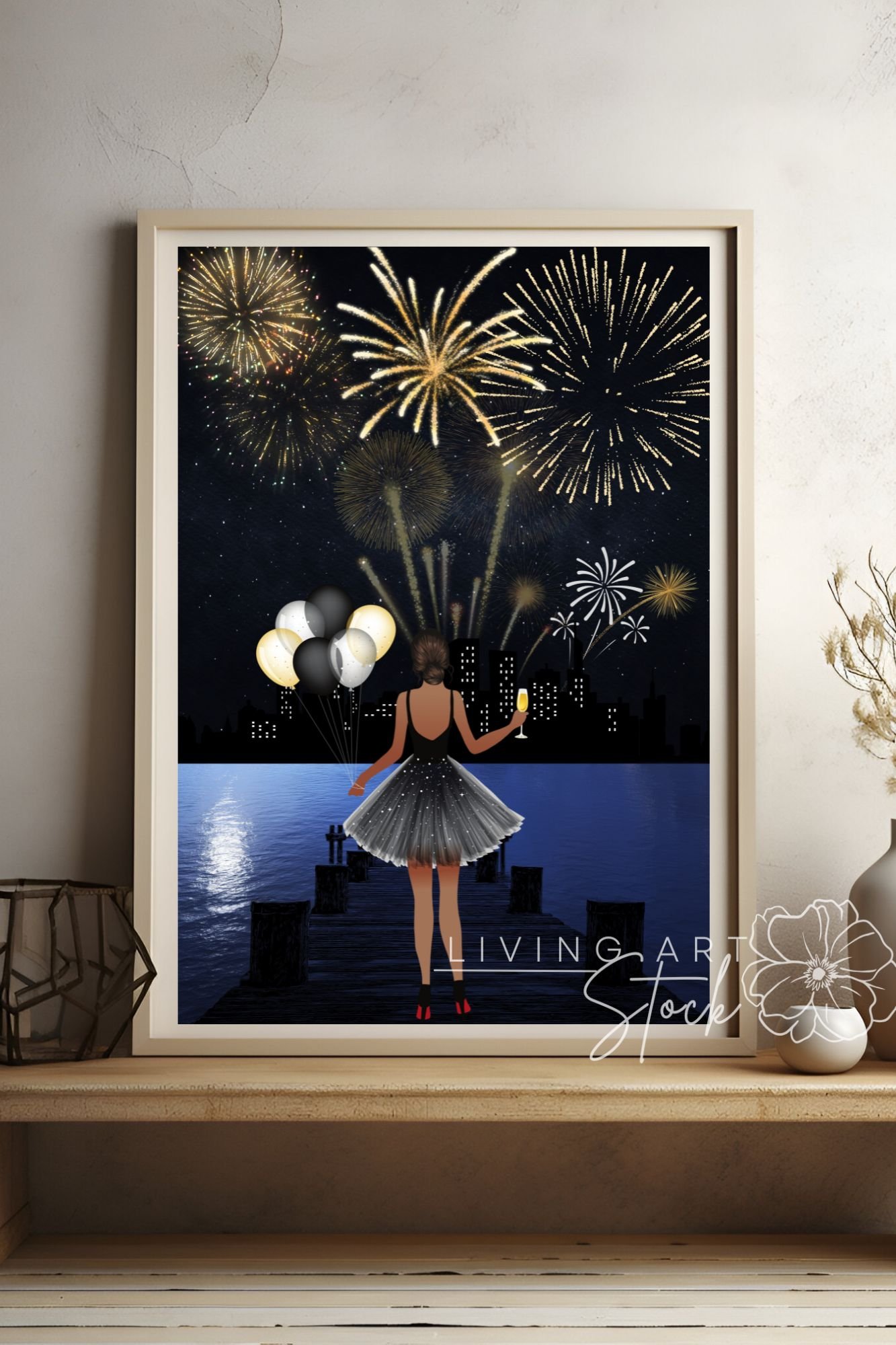 New Year Eve Flat Illustration Printable Wall Art with Glitter Fireworks