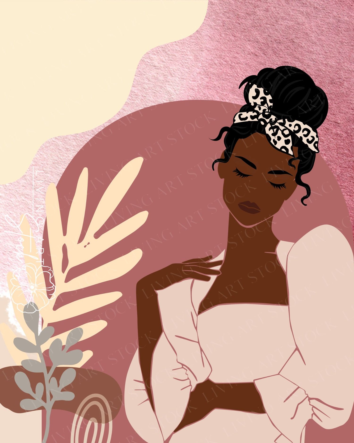 This digital illustration features a modern, minimalist portrait of a Black woman with her eyes closed in a serene, peaceful expression. She is styled with a high bun wrapped in a trendy leopard-print headband and wears a soft, blush-pink off-the-shoulder