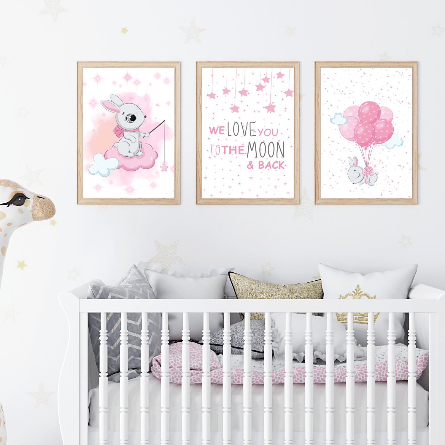 Baby girl nursery wall art set with bunny moon stars and pink pastel nursery decor prints