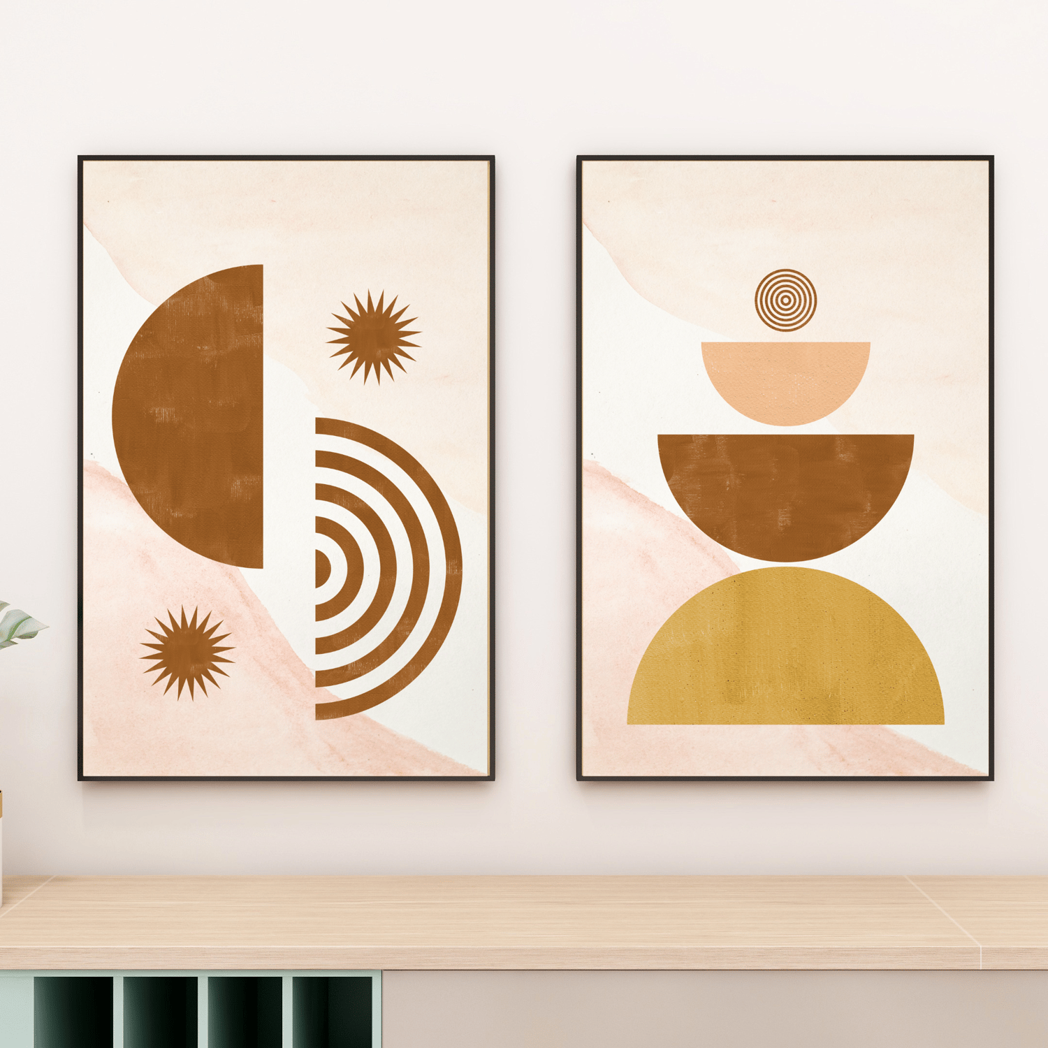 Abstract boho wall art set with minimalist geometric shapes in neutral earth tones