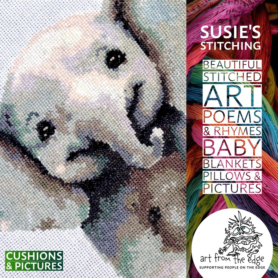 Image of a baby elephant embroidered by Susie