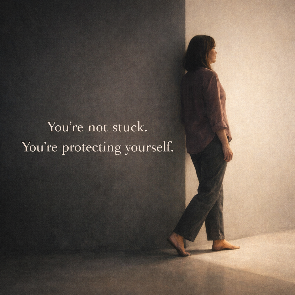 A contemplative woman stands barefoot at the threshold between shadow and soft light, calm and grounded, with the text “You’re not stuck. You’re protecting yourself.”