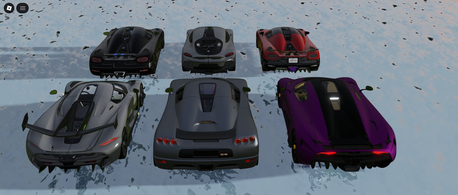 koenigsegg hypercars lined up in roblox environment