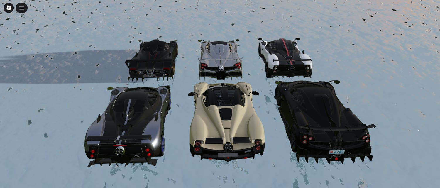 pagani hypercars displayed in a roblox environment